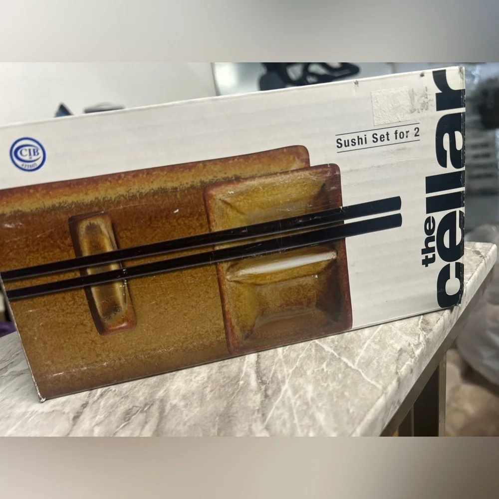 NWT The Cellar Set of Two Brown and Yellow Sushi Plates with Chopsticks
